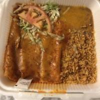 Enchilada Plate · 3 rolled cheese enchiladas smothered in your choice of Chile with beans and rice on the side
