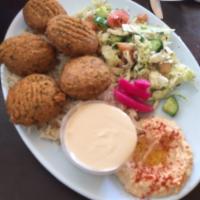 Falafel Plate · Served with Lebanese salad, hummus and rice. Vegan.