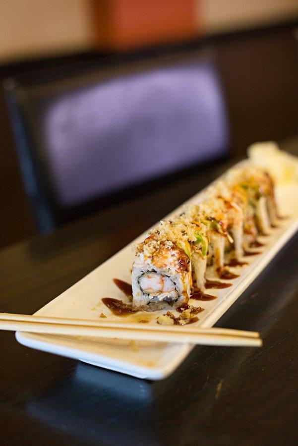 8 Fantasy Roll · Eel, shrimp, avocado and kanikama topped with tempura white fish, eel sauce and sweet chili sauce.