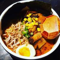 Spicy Miso · All Ramen comes with fried garlic oil, bamboo shoots, black fungus, sweet corn, scallion, no...