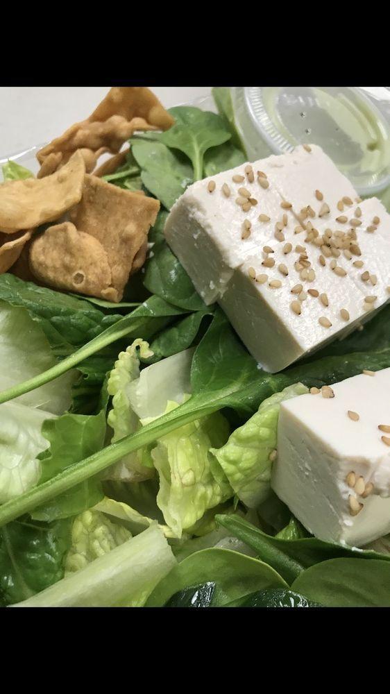 Tofu Salad · Mixed greens, tofu, sesame seeds, cucumbers, one ton chips, lion sauce (sweet chili sauce) and wasabi mayo sauce.