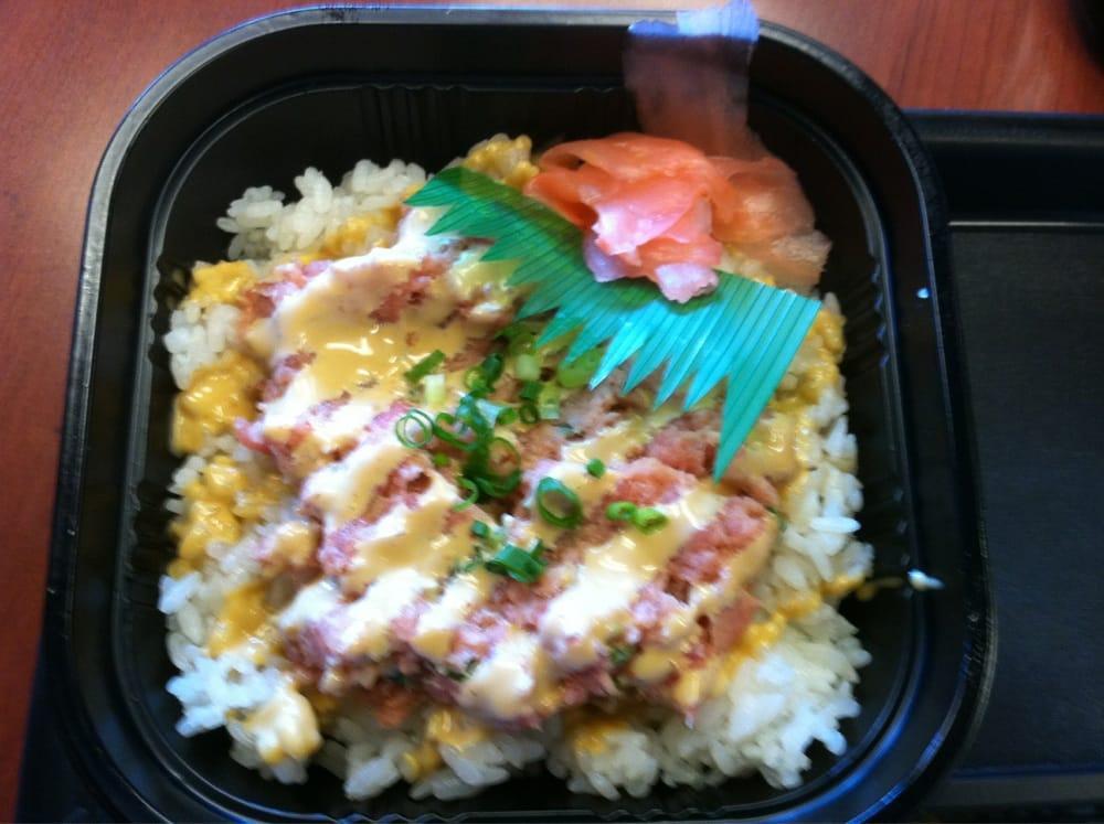Spicy Ahi Donburi · Sushi rice, spicy ahi, spicy ahi sauce, green onions and ginger.