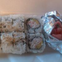 California Roll · Crab meat, avocado, and cucumber. 8 pieces.