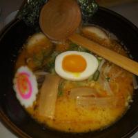 Tonkotsu Ramen · Pork bone soup , egg noodle , topping with berkshire pork-belly , soft boiled egg , scallion...