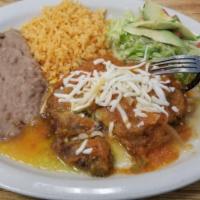 Chile Relleno · Poblano pepper filled with either meet or cheese. Topped with Ranchero sauce and Monterey Ja...