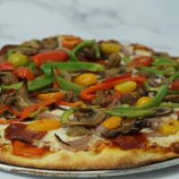 American Pizza · Housemade marinara sauce, mozzarella, natural pepperoni, fennel sausage, baby heirloom tomat...