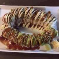 Bakersfield Roll · In: shrimp tempura, spicy tuna roll out: topped with avocado, teriyaki, wasabi mayo sauce.