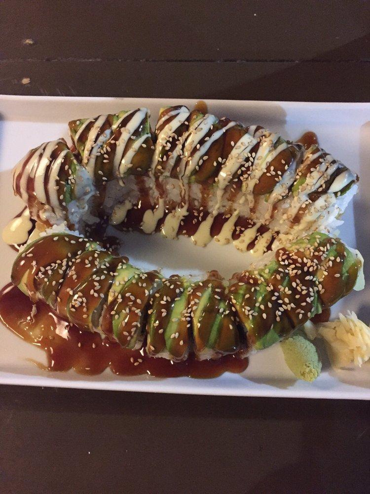 Bakersfield Roll · In: shrimp tempura, spicy tuna roll out: topped with avocado, teriyaki, wasabi mayo sauce.