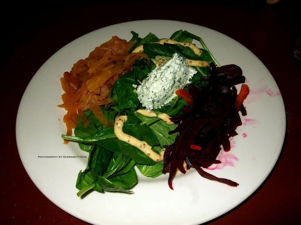 Spinach and Beet Salad · Mustard-horseradish vinaigrette, pistachio goat cheese, citrus gastrique.