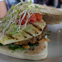 Sprouted Veggie Burger · Vegan veggie, organic mixed greens, red onions, roasted red peppers, alfalfa sprouts, Dijon ...