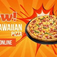 Spicy Hawaiian Pizza · Signature marinara, mozzarella, bacon, ham, pineapple and jalapeno. Spicy.