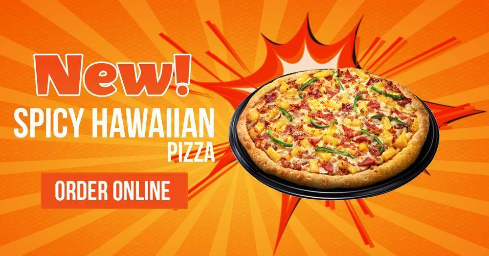 Spicy Hawaiian Pizza · Signature marinara, mozzarella, bacon, ham, pineapple and jalapeno. Spicy.
