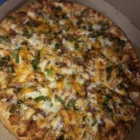 BBQ Chicken Pizza · BBQ sauce, mozzarella, onion, bell pepper, cilantro and chicken.