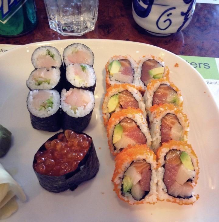 Dynasty Roll · Tuna, yellowtail, salmon, white tuna and avocado with caviar on the top.