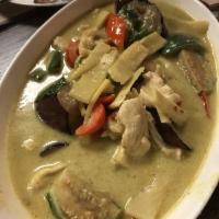 Green Curry · Thai eggplant, bamboo shoot, green bean, bell pepper, and basil in coconut milk. Contains sh...