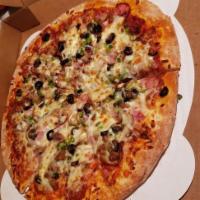 Magnificent Mile Pizza · Sausage, pepperoni, bacon, ham, ground beef, mushroom, onion, green pepper, and black olive.