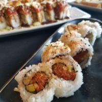 Spicy Tuna Roll · Spicy tuna, cucumber, rolled with rice on the outside.