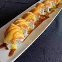 Mango Tango Roll · Shrimp tempura, cram cheese, avocado, smoked salmon, mango, mango sauce.