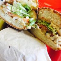 The Golden Gate · Grilled chicken breast with bacon and honey mustard dressing. Topped with lettuce, tomato, o...