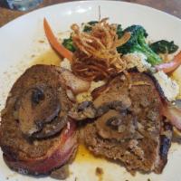 Bacon Wrapped Buffalo Meatloaf · Ground buffalo mixed with crimini mushrooms, onion, and house BBQ sauce wrapped in smoked ba...