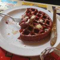 Luscious Red Velvet Waffle · Thick cake made from leavened batter or dough.