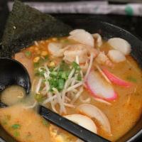 Seafood Ramen · Shrimp, scallop, fish cake, boiled egg, bamboo shoots, corn, green onion and bean sprouts.