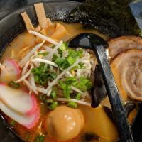 Shoyu Ramen · Roasted pork, boiled egg, kikurage mushroom, bamboo shoots, green onion, sprouts and fish ca...
