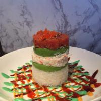 Spicy Tuna Tower · 4 layer of spicy tuna, crab salad, avocado, and sushi rice topped with masago, spicy mayo, w...