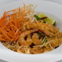 Pad Thai · Pan-fried rice noodles with 2 shrimp, chicken, egg, bean sprouts, chives and crushed peanuts.