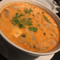 Tom Kha Soup · A choice of chicken, shrimp, tofu or mixed vegetables and mushrooms in exotic coconut broth.