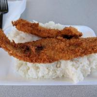 Panko Fish · Delicate white fish breaded in Japanese panko crumbs and fried. Served over rice.