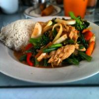 Spicy Thai Basil · A flavorful dish made with bamboo shoot, broccoli, green onion, yellow onion, carrot, jalape...