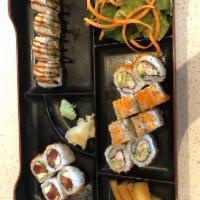 Sushi Combo Box · 8-piece Cali roll and your choice of two 4-piece classic rolls. Served with salad. Consuming...