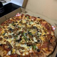 The Supremo Pizza · Pepperoni, Italian sausage complimented by Colorado's sweetest green bell peppers, black oli...