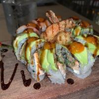 Romeo and Juliet Roll · Crab, crispy salmon, cream cheese topped with smoked salmon and avocado, hitched with shrimp...