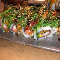Havana 305 Roll · Smoked salmon, crab, sweet plantain and avocado, topped with mixed crispy crab and wakame (s...