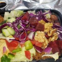 Vegan Power Bowl · Lentils, organic white quinoa, grain burger over rice pilaf topped with lettuce, tomatoes, r...