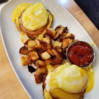 Eggs Benedict · English muffin, Canadian bacon, poached eggs. Substitute smoked salmon for an additional cha...