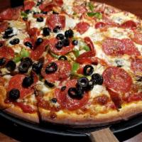 Classic Combo Pizza · Gourmet Italian sausage, pepperoni, mushroom, onion, green pepper and black olives.