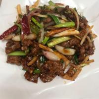 Mongolian Beef · Spicy. With brown sauce and vegetables.
