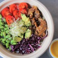 Macrobiotic Bowl · Basil soy proteins, avocado, red cabbage, cherry tomatoes, edamame, lime ginger dressing.