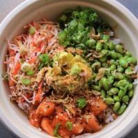 Scottish Salmon Bowl · Salmon, avocado, edamame, kani salad, green onion, sesame seeds, onion crisps, yuzu dressing...