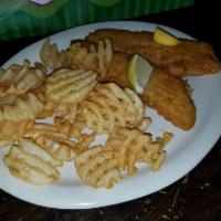 Fish and Chips · Two pieces of beer battered cod served with fries and cole slaw.