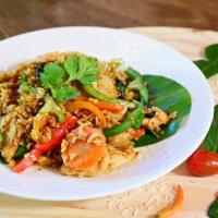 Basil Fried Rice · White rice stir-fried with basil leaves, onions, bell peppers and carrots. (medium spicy)