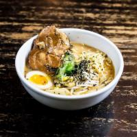 Miso Ramen · Rich miso soup filled with roasted sweet corn, scallion, bean, sprout, nori seaweed half har...