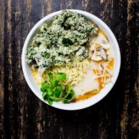 Galanga Ramen · Coconut milk steamed with galanga root and served with kale rempura and mixed mushroom. Vege...