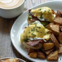 Eggs Benny · Two Poached Eggs, Smoked Bacon, Avocado Slices, Wolferman's English Muffin, Hollandaise, Hom...