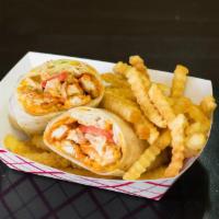 Spicy Buffalo Chicken Wrap · Ranch, shredded cheddar cheese, lettuce and tomato with a spicy homemade Buffalo sauce. Free...