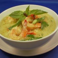 Green Curry · Light coconut green curry with bamboo shoot, peas, green bean, pepper and basil leaves. Serv...