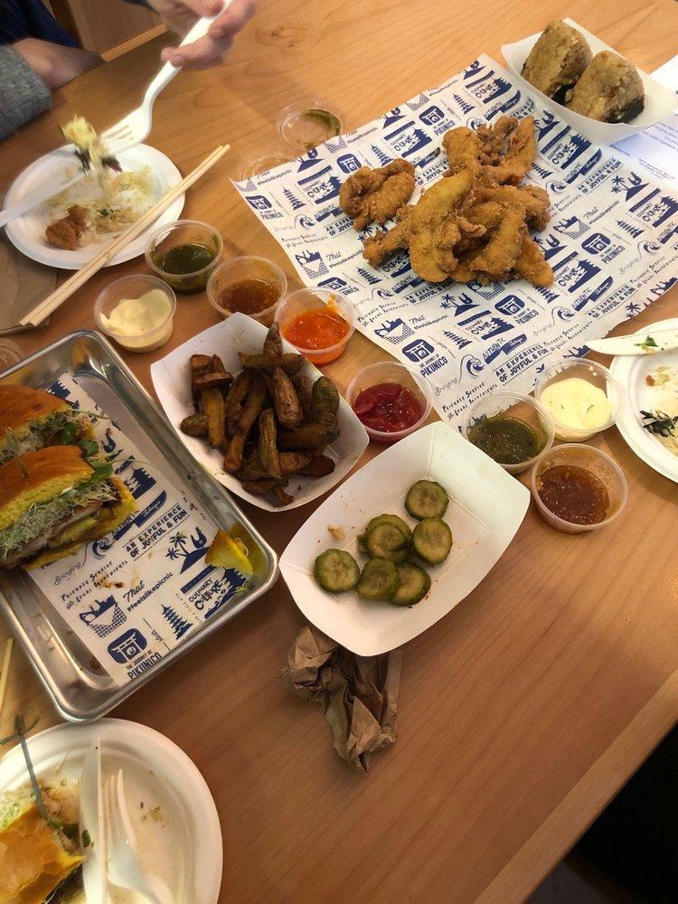 Family Basket · Feeds 4 people. 1 lb. of tenders, large Pikunico slaw, 2 onigiri, fingerling fries, house-made pickles and 3 dipping sauces.